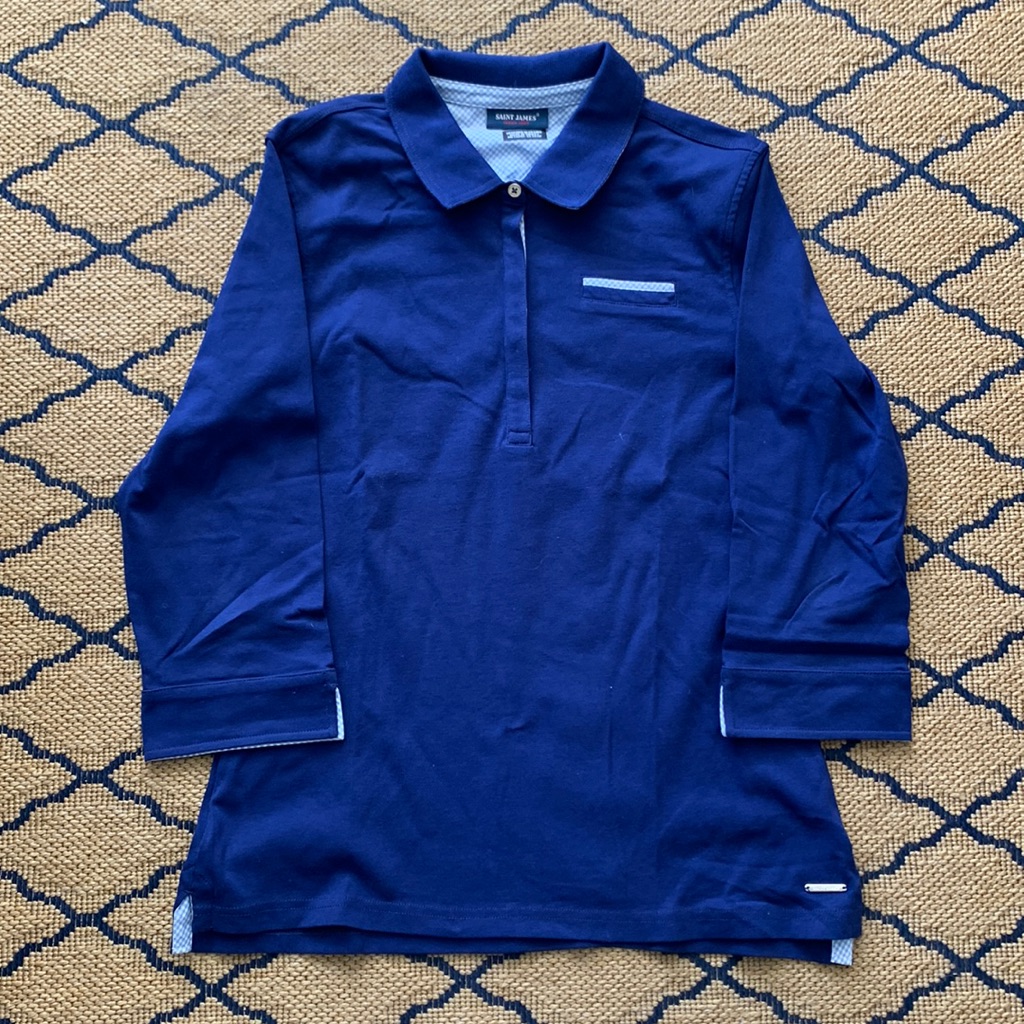 Saint James Navy Blue Gingham 3/4 Sleeve Polo Shirt Size 10